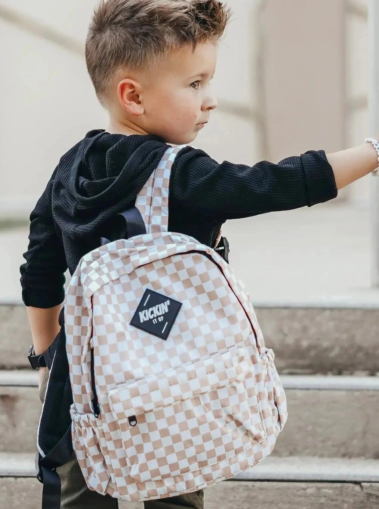 Tan + White Checkered Backpack