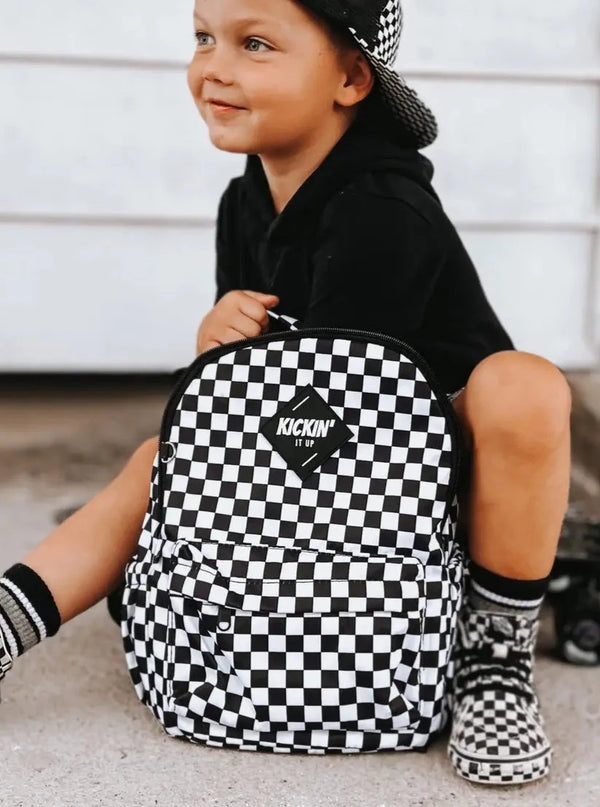 Black and shop white checkered bookbag