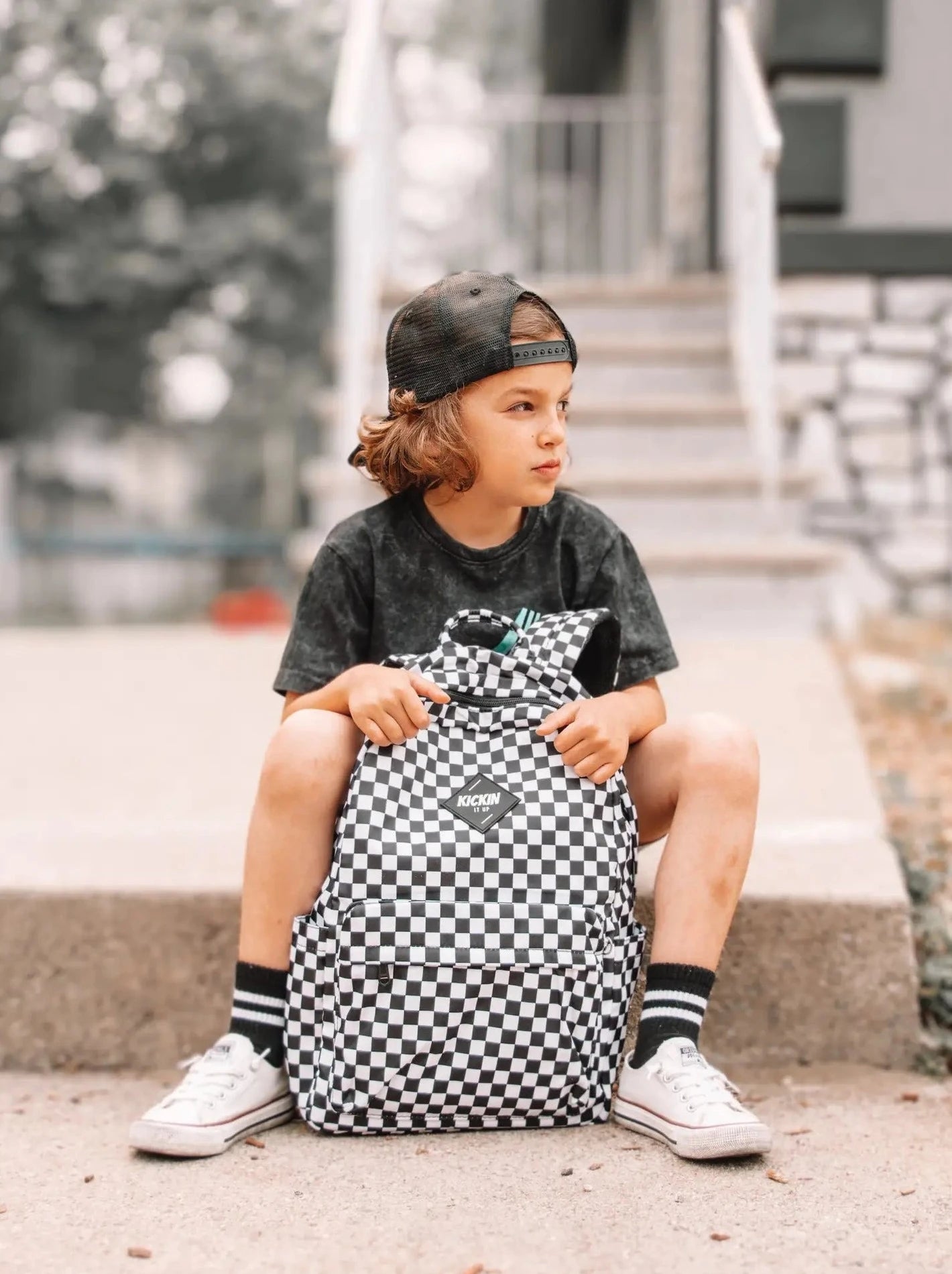 Full Size Black Checkered Backpack SUNDAY CO