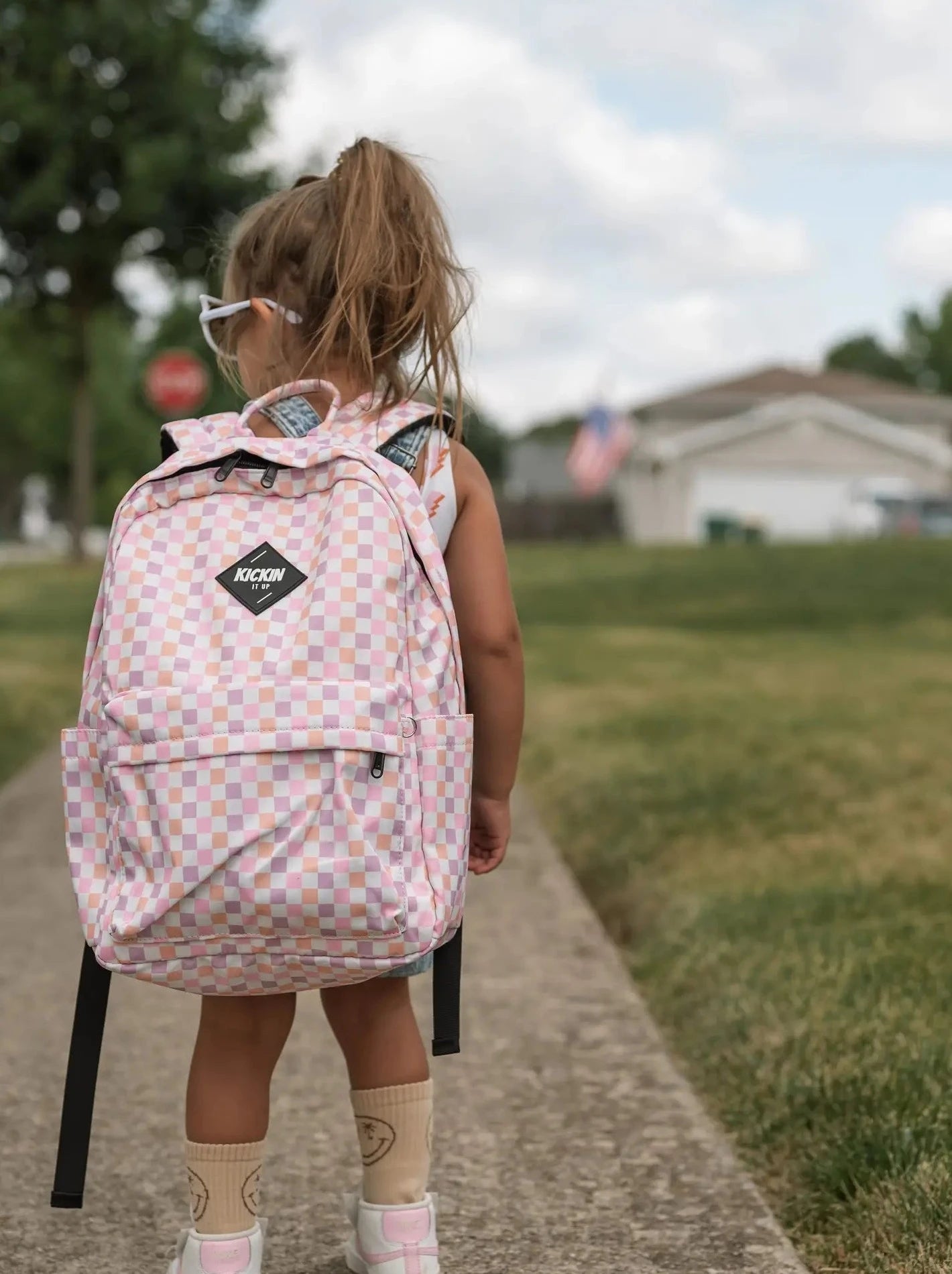 Pink and white checkered backpack online