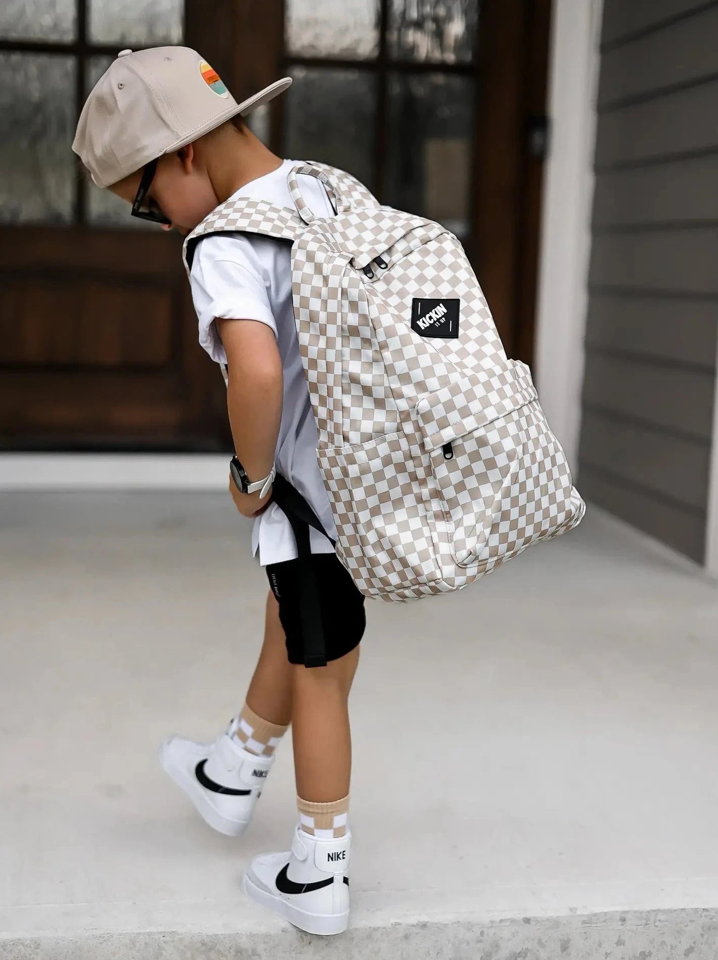 Full Size Tan Checkered Backpack
